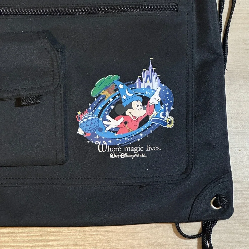 Disney World‎ Mickey Mouse Sorcerer Magic Drawstring Backpack Black Stash Bag